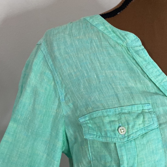 Talbots linen band collar popover cross dye bright green and yellow shirt size M - Picture 7 of 11